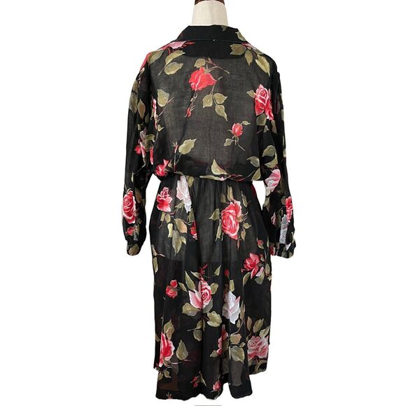 Vintage 1980s Retro Sheer Black Floral Cottagecore Midi Shirt Dress w/Pocket - Picture 5 of 11